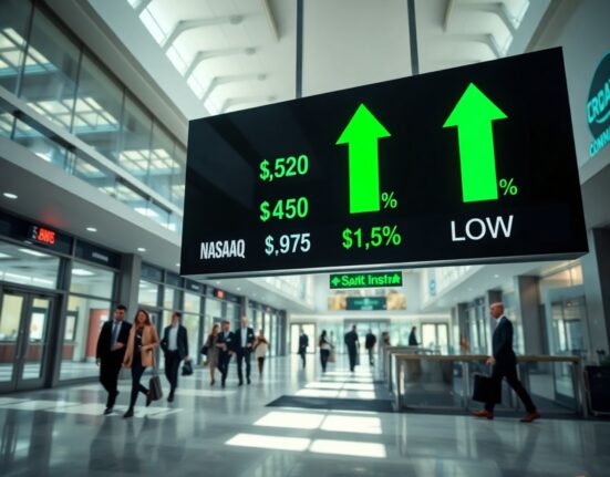 Digital stock market display showing green arrows and positive percentage gains for major US indices