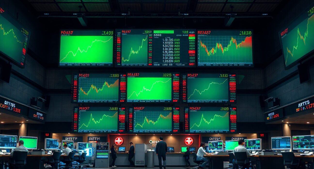 Stock market display showing green upward charts at market open