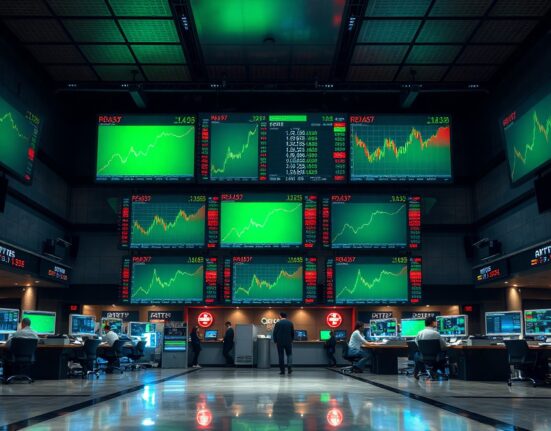 Stock market display showing green upward charts at market open