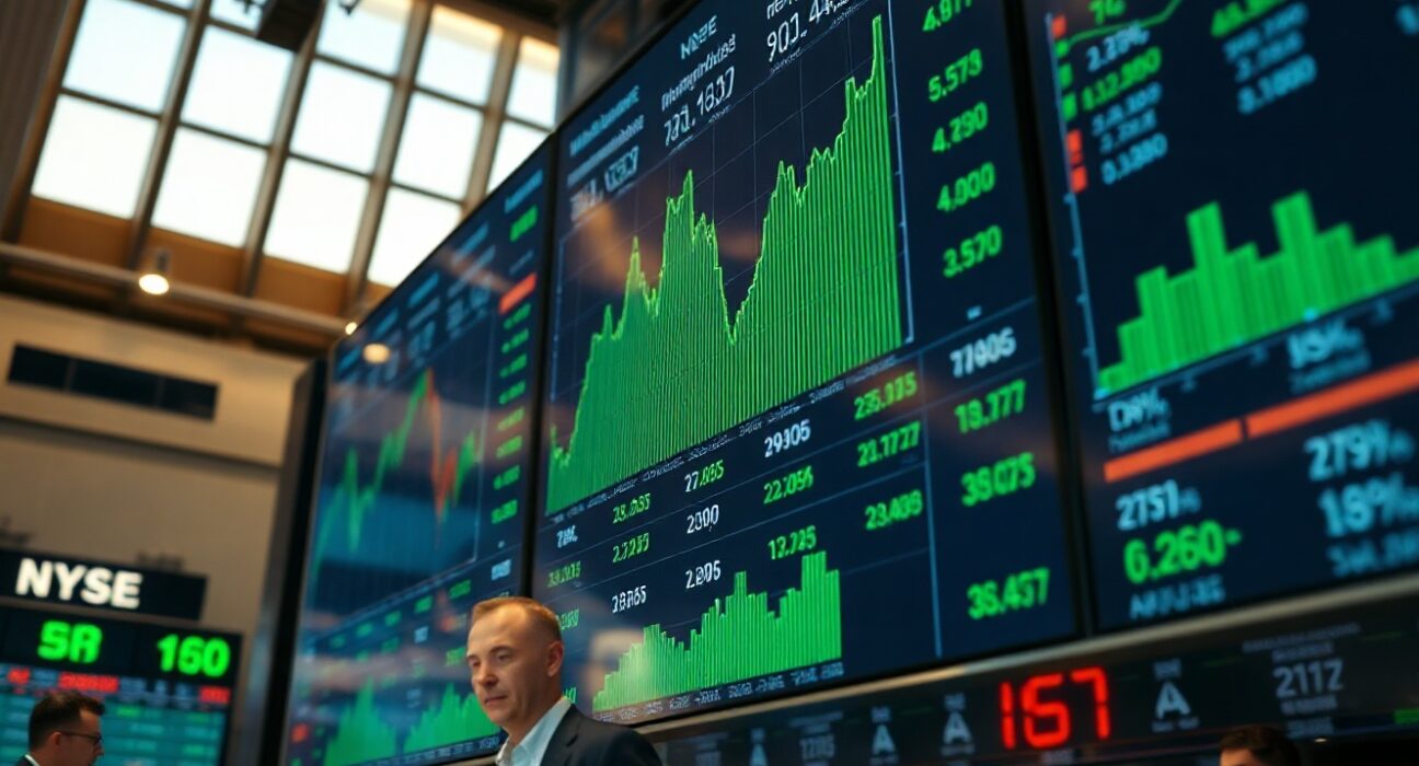Stock market board displaying green upward trends at market open