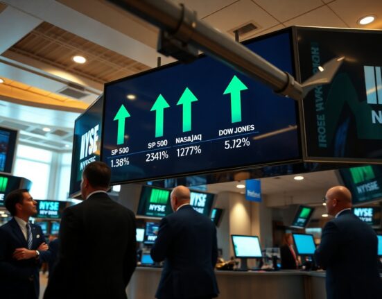 Stock market board displaying green upward trends at market open