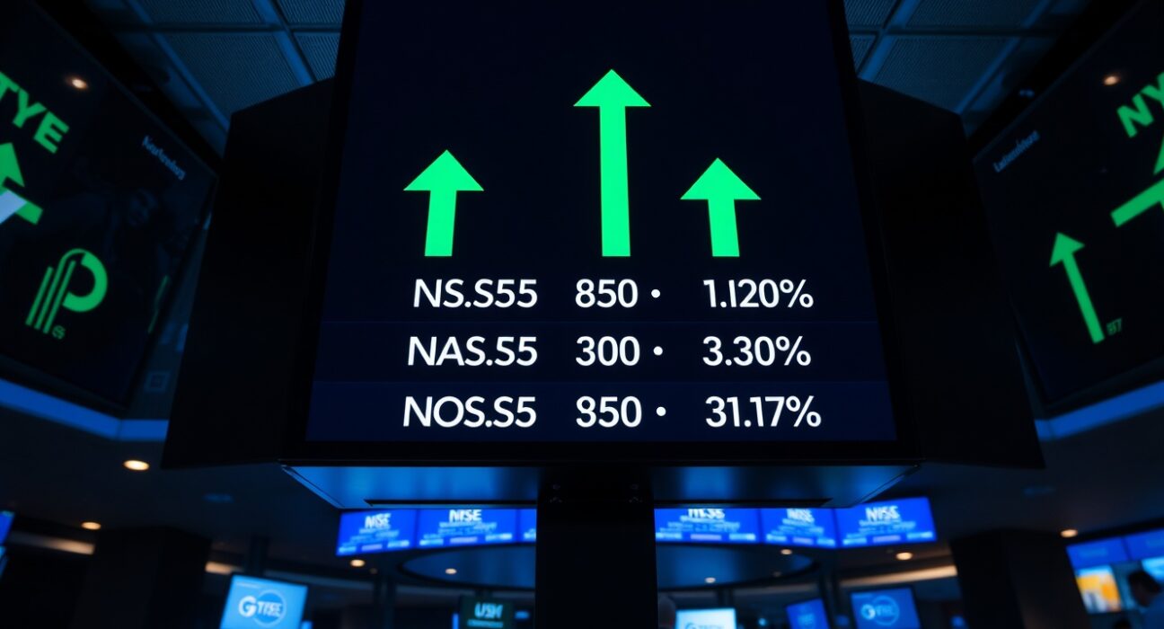 Stock market board showing green arrows and positive gains for S&P 500, Nasdaq, and Dow Jones at market open.