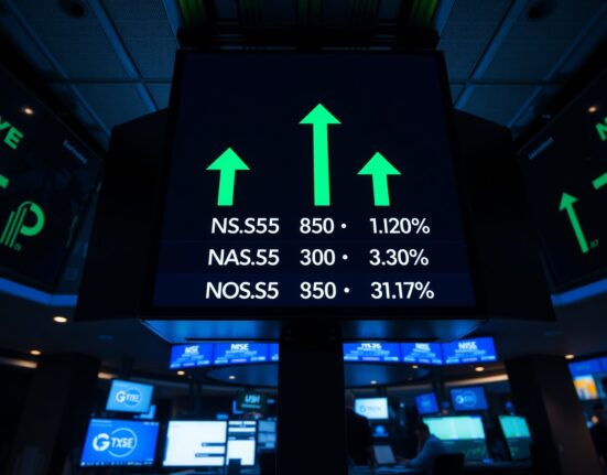 Stock market board showing green arrows and positive gains for S&P 500, Nasdaq, and Dow Jones at market open.