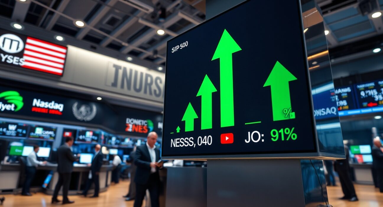 Digital stock market board showing green arrows and positive percentage gains for major US indices