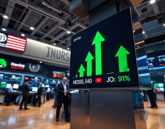 Digital stock market board showing green arrows and positive percentage gains for major US indices