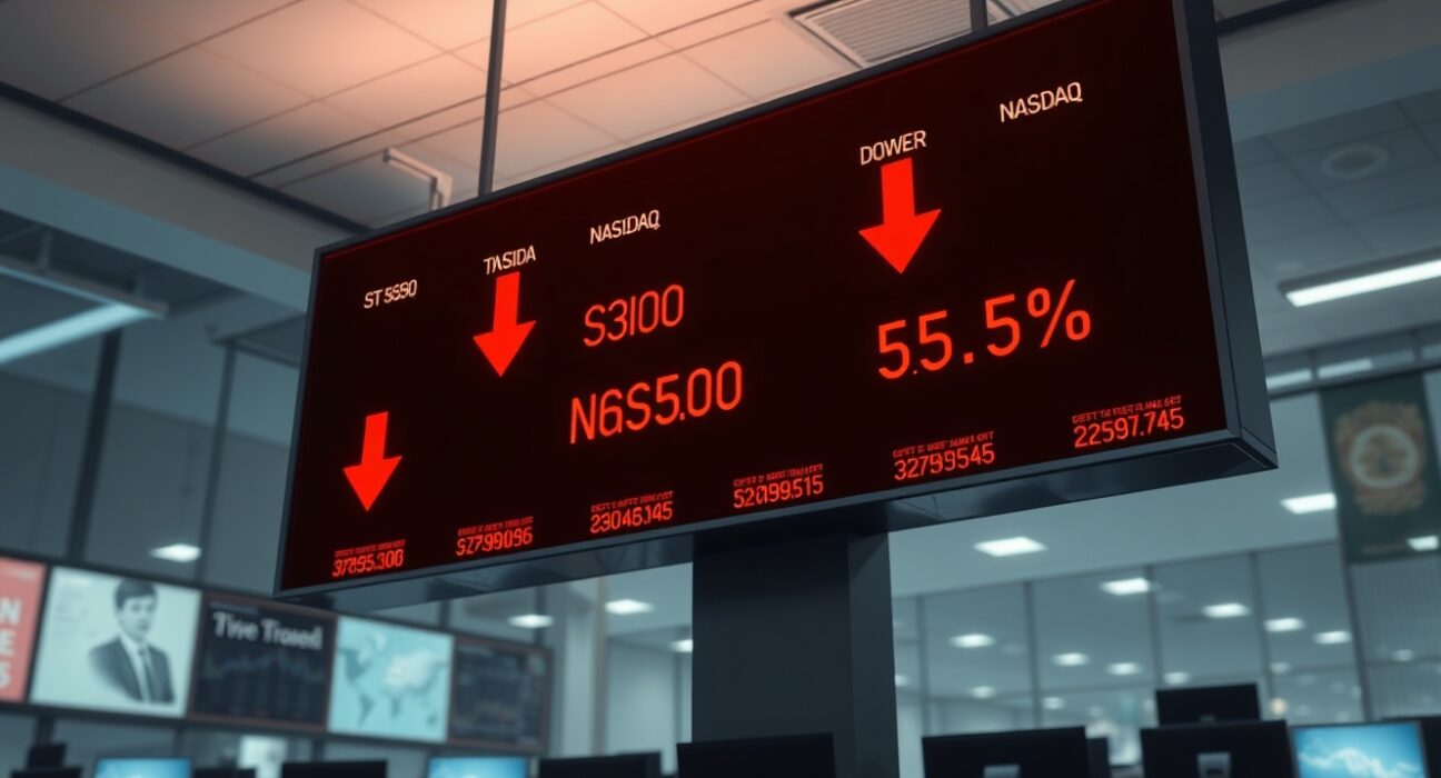 US stocks open lower with S&P 500, Nasdaq, and Dow Jones indices showing red declines on a trading floor display board.