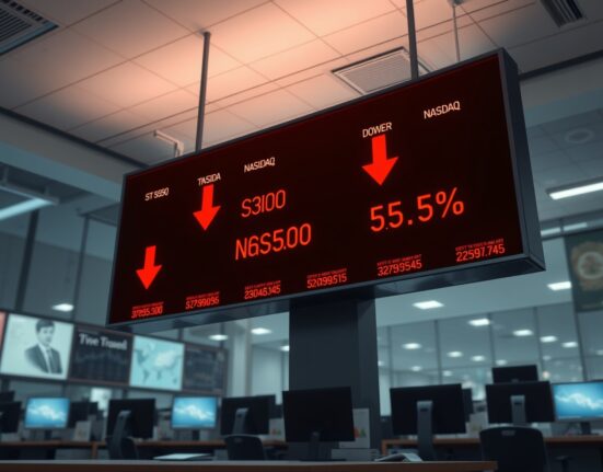 US stocks open lower with S&P 500, Nasdaq, and Dow Jones indices showing red declines on a trading floor display board.
