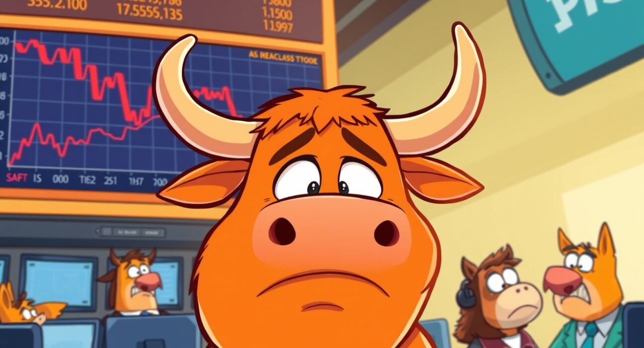 Cartoon illustration of US stocks open lower showing concerned market characters.