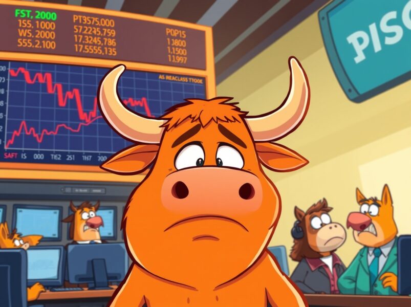Cartoon illustration of US stocks open lower showing concerned market characters.