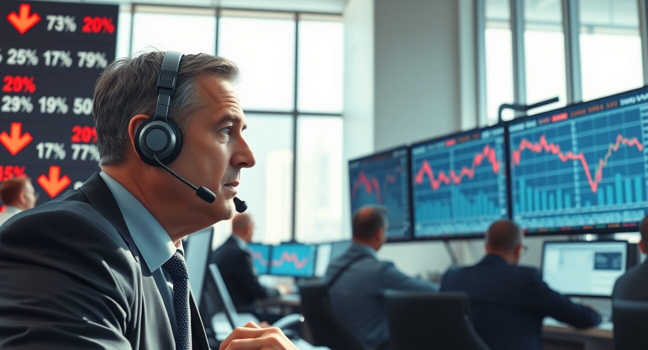 Trader analyzing US stock market decline on trading floor displays showing red downward arrows
