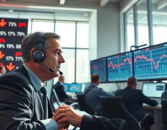 Trader analyzing US stock market decline on trading floor displays showing red downward arrows