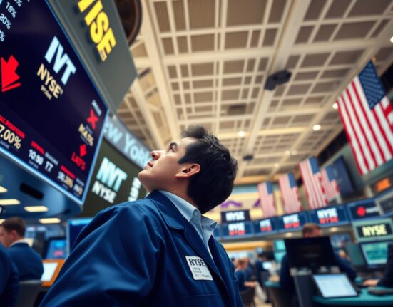 Trader on NYSE floor reacts to US stocks opening lower on the market ticker.