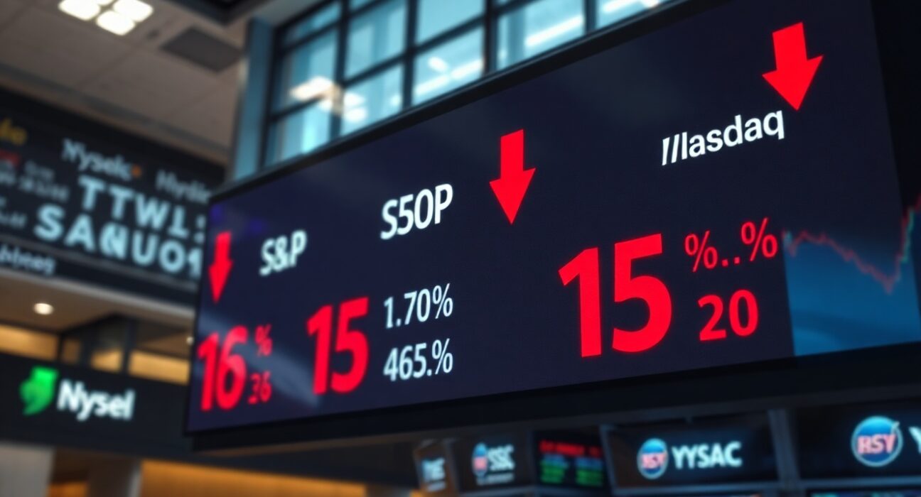 Stock market board showing red numbers and negative percentages at market open