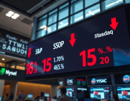 Stock market board showing red numbers and negative percentages at market open