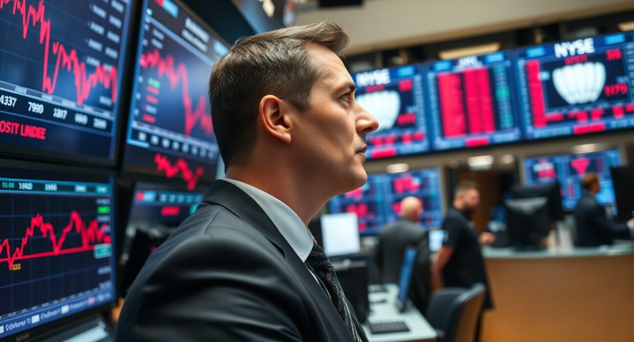 A trader monitors falling US stock prices on financial screens during market open.