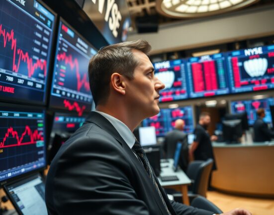 A trader monitors falling US stock prices on financial screens during market open.