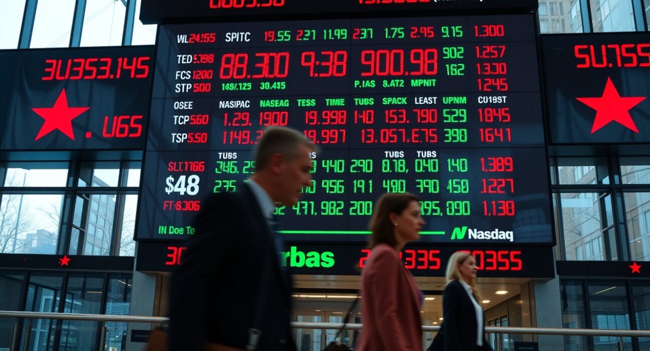 Stock market board showing Dow Jones, S&P 500, and Nasdaq indices in red during morning trading