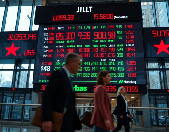 Stock market board showing Dow Jones, S&P 500, and Nasdaq indices in red during morning trading