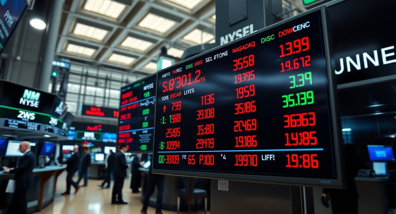 Stock market display board showing S&P 500, Nasdaq, and Dow Jones indices in red at market open