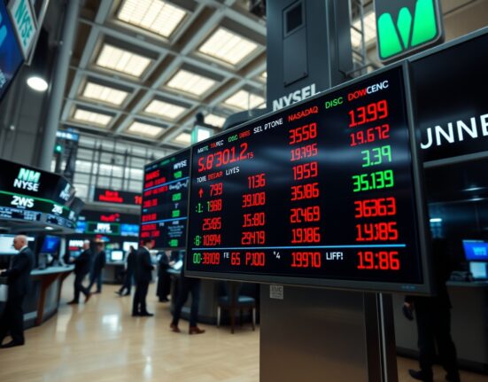 Stock market display board showing S&P 500, Nasdaq, and Dow Jones indices in red at market open