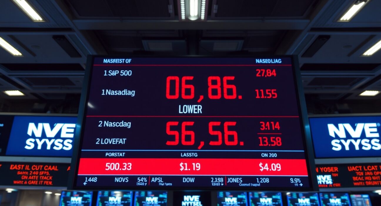 Digital stock market board showing red negative numbers for S&P 500, Nasdaq, and Dow Jones at market open.