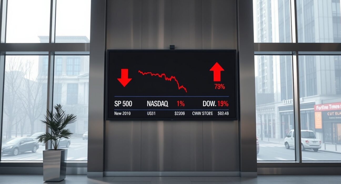 Stock market board showing red arrows and negative numbers for S&P 500, Nasdaq, and Dow Jones at market open