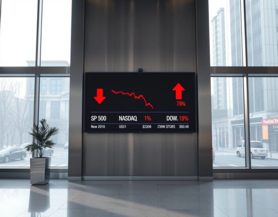Stock market board showing red arrows and negative numbers for S&P 500, Nasdaq, and Dow Jones at market open