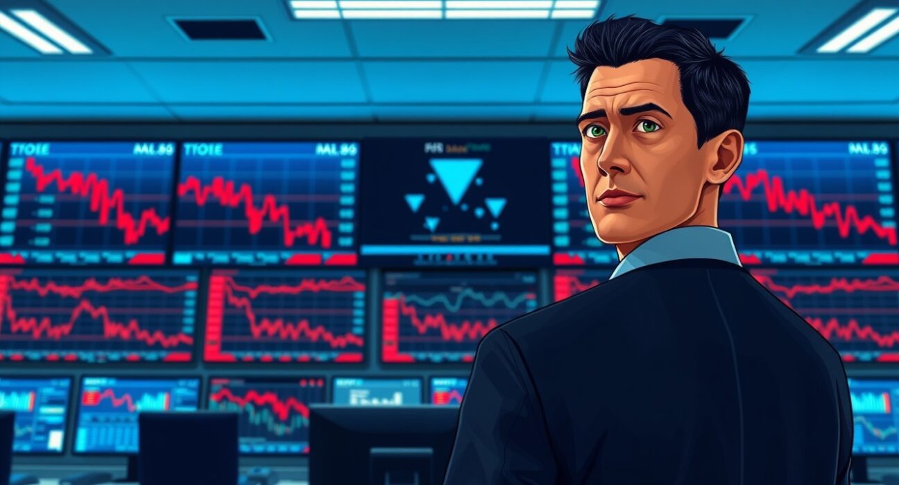 Trader monitors US stock market decline with falling charts on multiple screens during market open