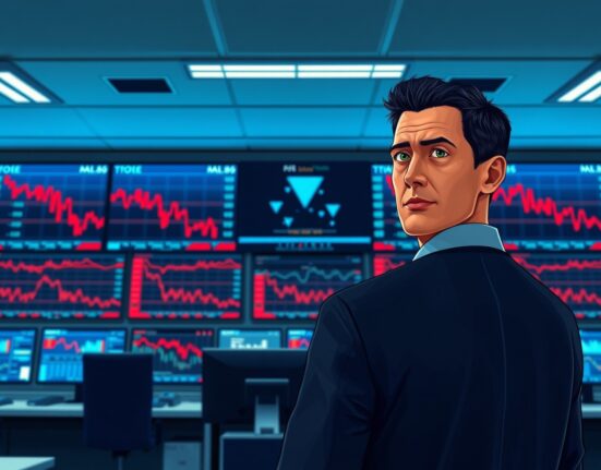 Trader monitors US stock market decline with falling charts on multiple screens during market open