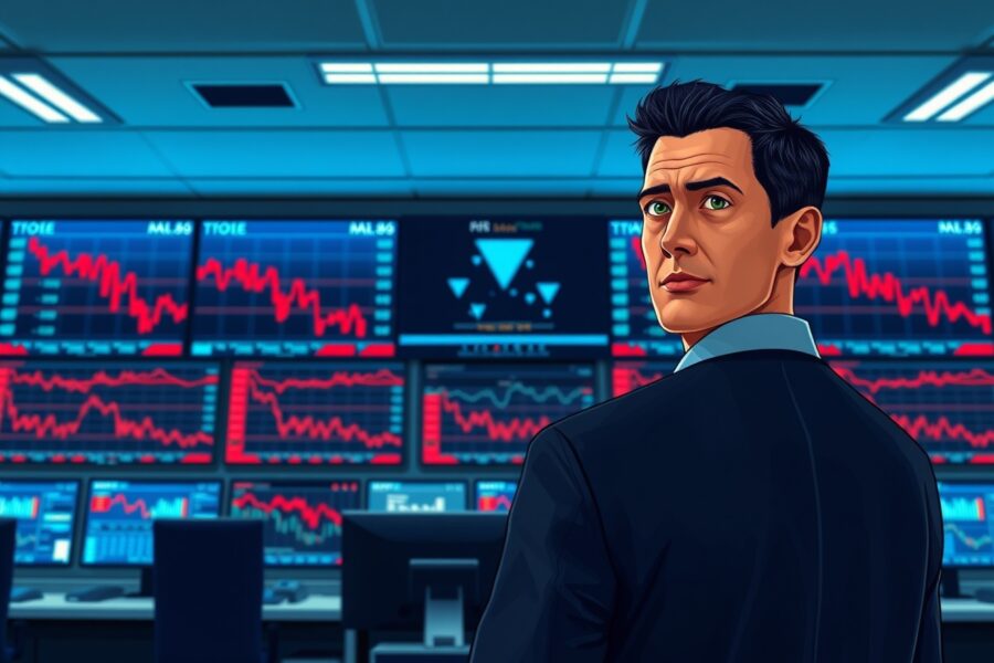 Trader monitors US stock market decline with falling charts on multiple screens during market open