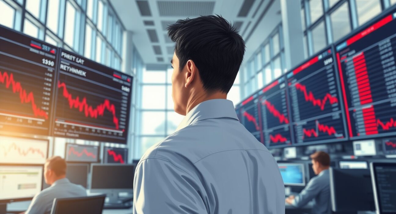 Trader monitors declining US stock market charts as major indices open lower.