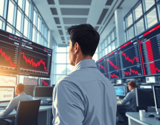 Trader monitors declining US stock market charts as major indices open lower.