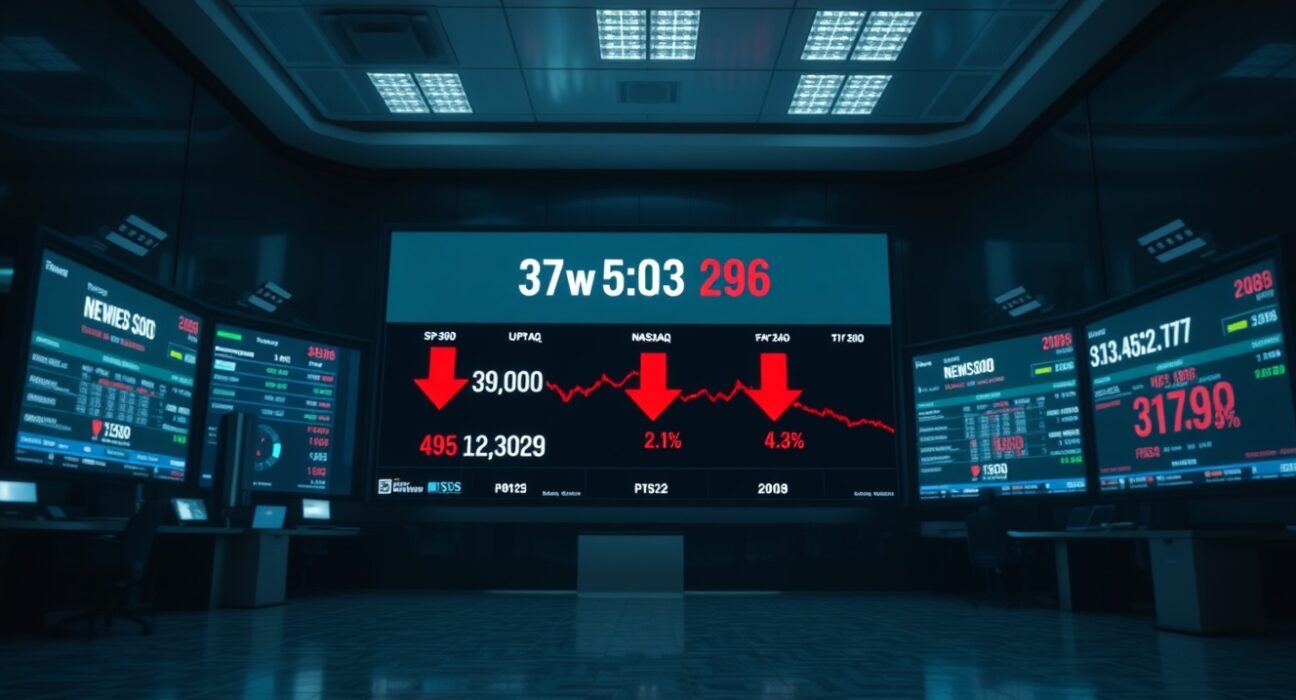 Stock market display showing red numbers indicating a market decline at the opening bell.