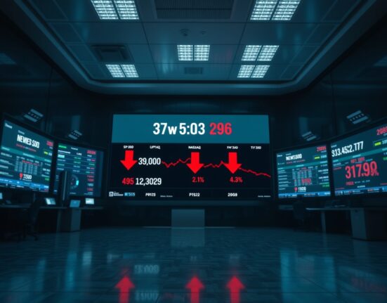 Stock market display showing red numbers indicating a market decline at the opening bell.