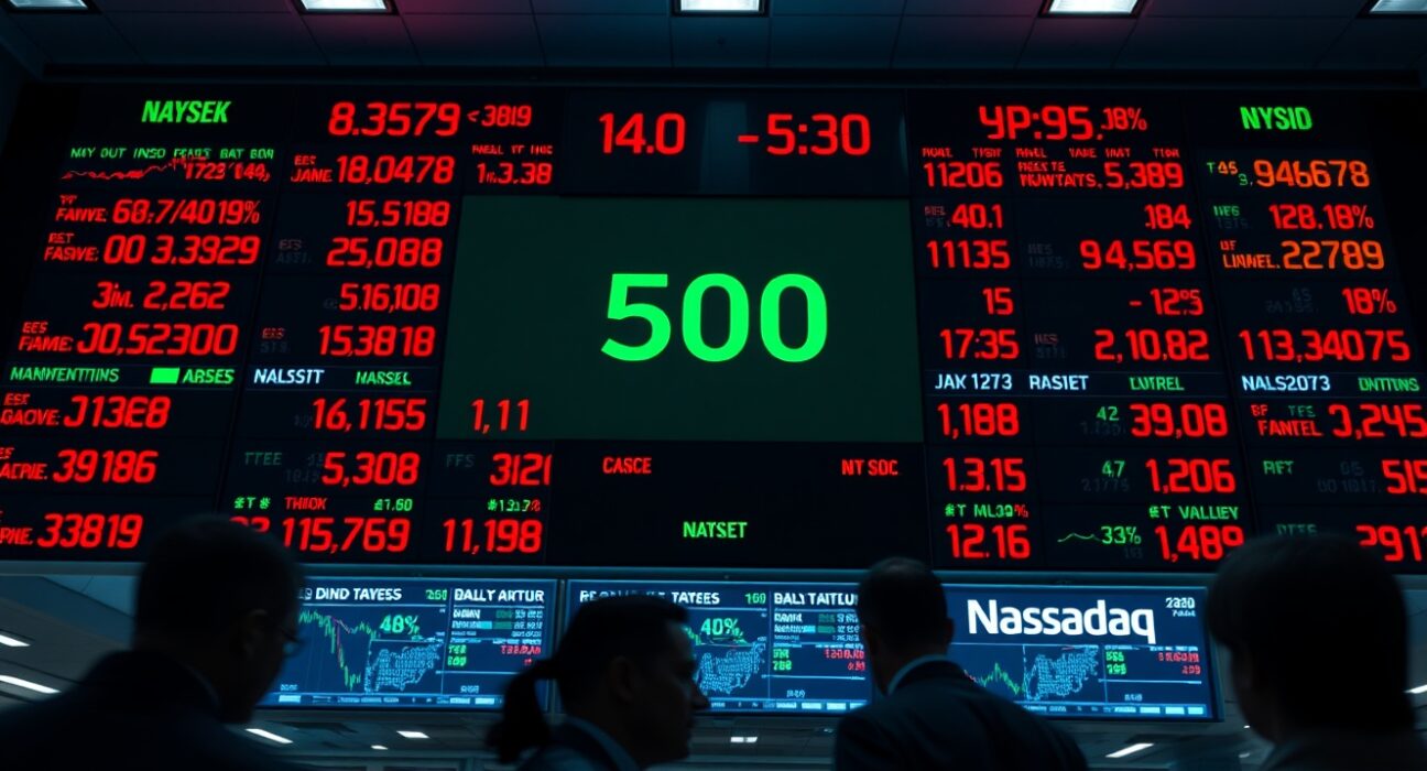 Stock market board showing Dow Jones, S&P 500, and Nasdaq indices with red numbers indicating a market decline.