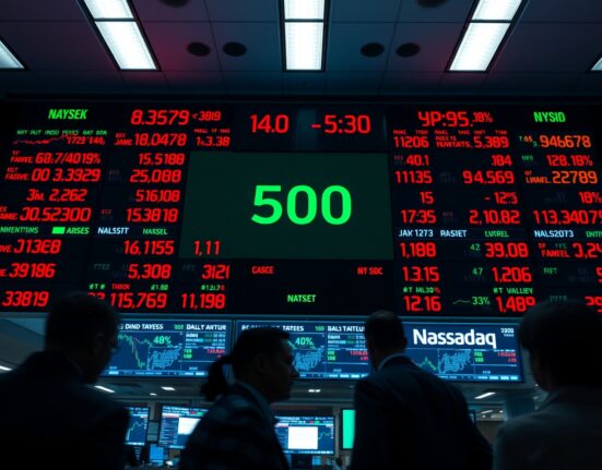 Stock market board showing Dow Jones, S&P 500, and Nasdaq indices with red numbers indicating a market decline.