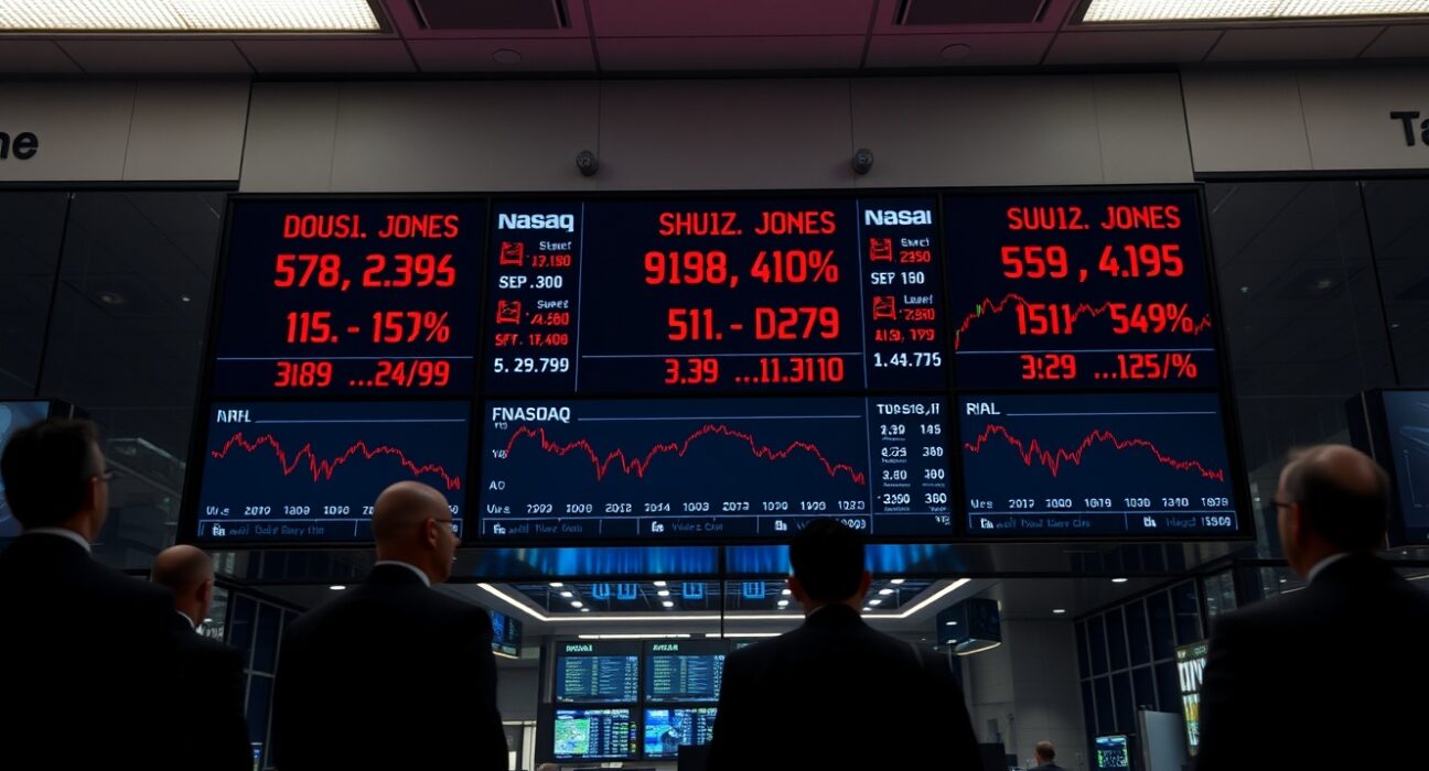 Financial data screens showing a sharp decline for major US stock indices including the Dow Jones and S&P 500.