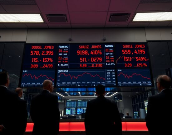 Financial data screens showing a sharp decline for major US stock indices including the Dow Jones and S&P 500.