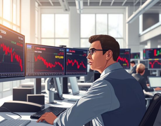 Trader monitors declining US stock market indices on financial screens at market open.