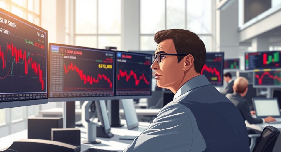 Trader monitors declining US stock market indices on financial screens at market open.