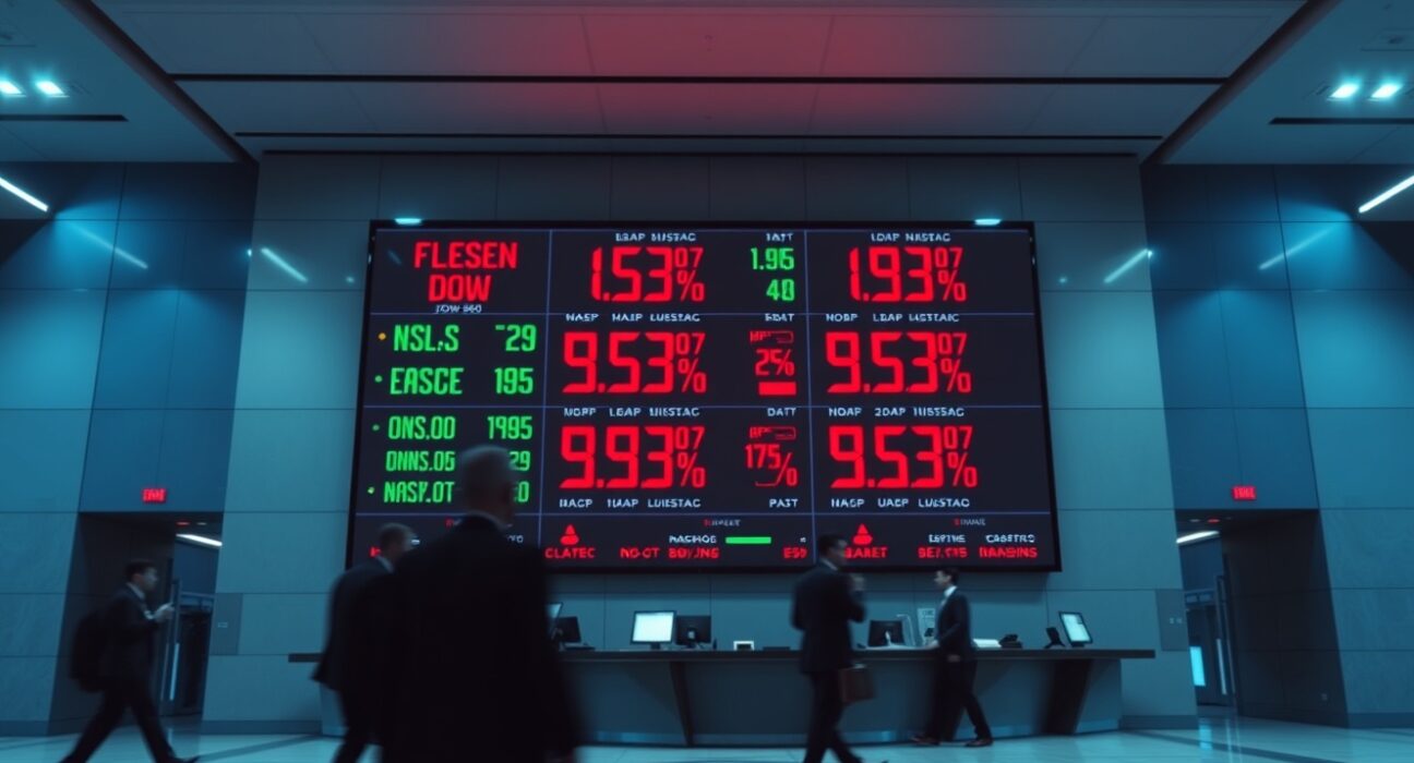 Digital stock market board showing red negative numbers for S&P 500, Nasdaq, and Dow Jones at market open.