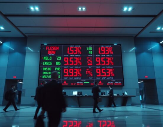 Digital stock market board showing red negative numbers for S&P 500, Nasdaq, and Dow Jones at market open.