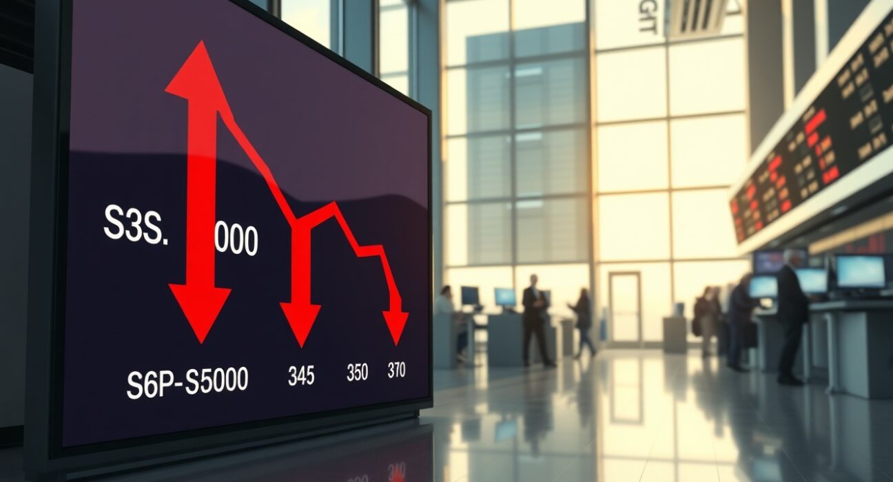 US stocks open lower with red downward arrows on a digital stock board showing S&P 500, Nasdaq, and Dow Jones indices