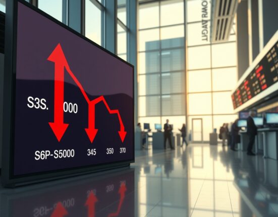 US stocks open lower with red downward arrows on a digital stock board showing S&P 500, Nasdaq, and Dow Jones indices