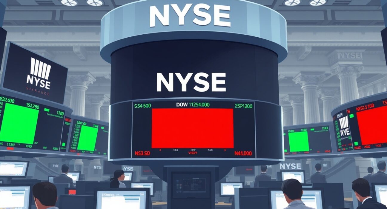 US stocks open mixed with Dow Jones falling and Nasdaq rising at the New York Stock Exchange trading floor