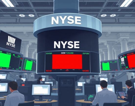 US stocks open mixed with Dow Jones falling and Nasdaq rising at the New York Stock Exchange trading floor