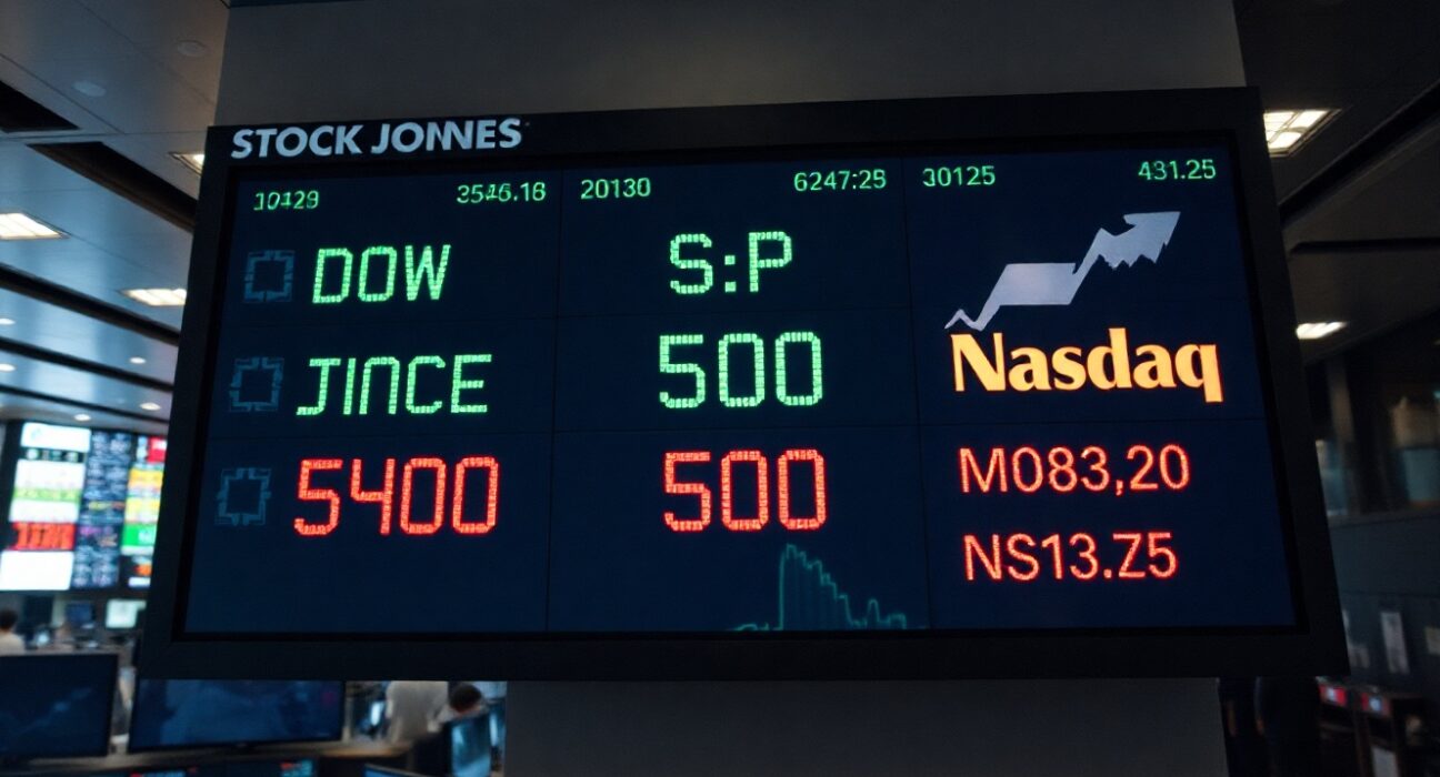 Stock market display board showing mixed opening for Dow, S&P 500, and Nasdaq indices
