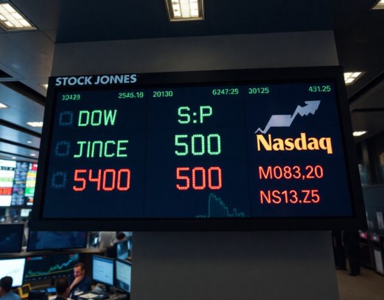 Stock market display board showing mixed opening for Dow, S&P 500, and Nasdaq indices