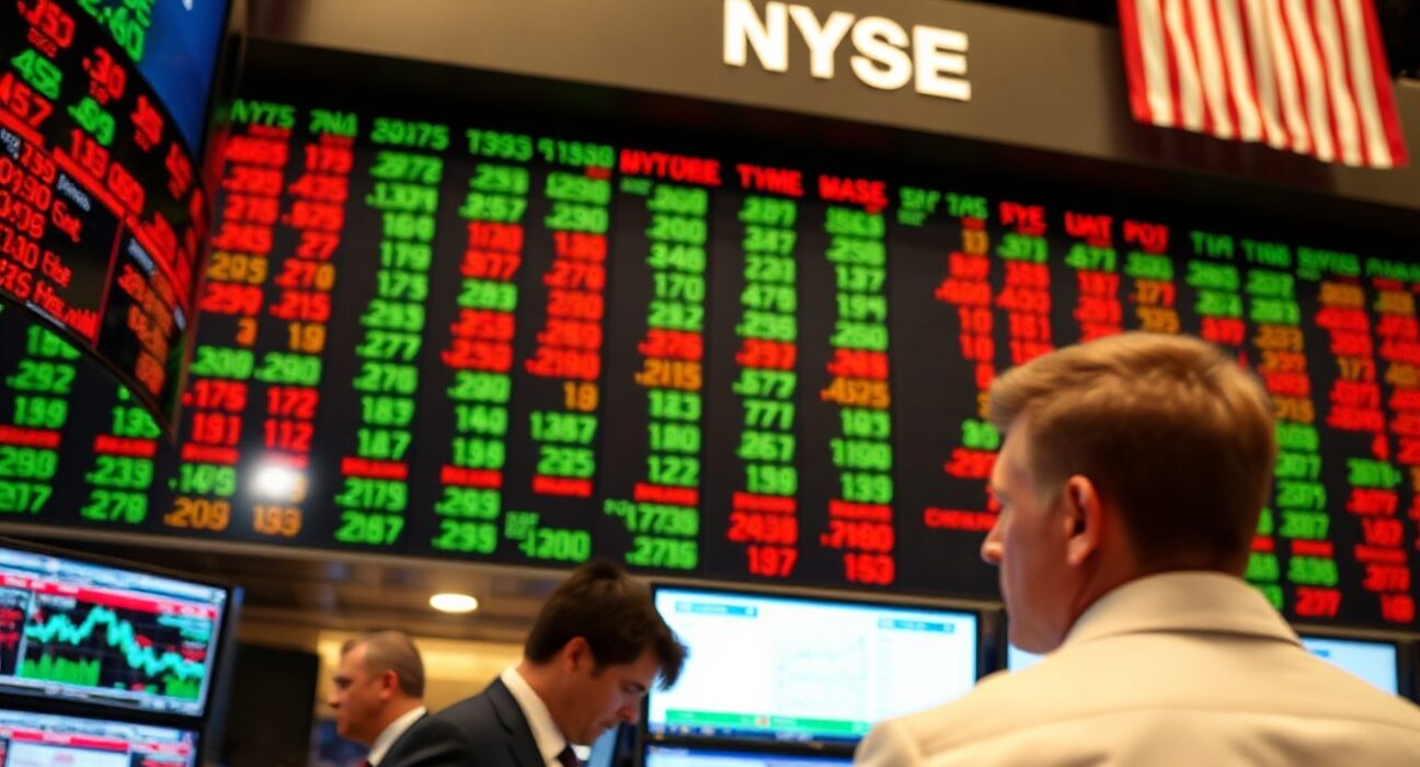 Stock market board showing mixed early trading numbers at a US exchange.