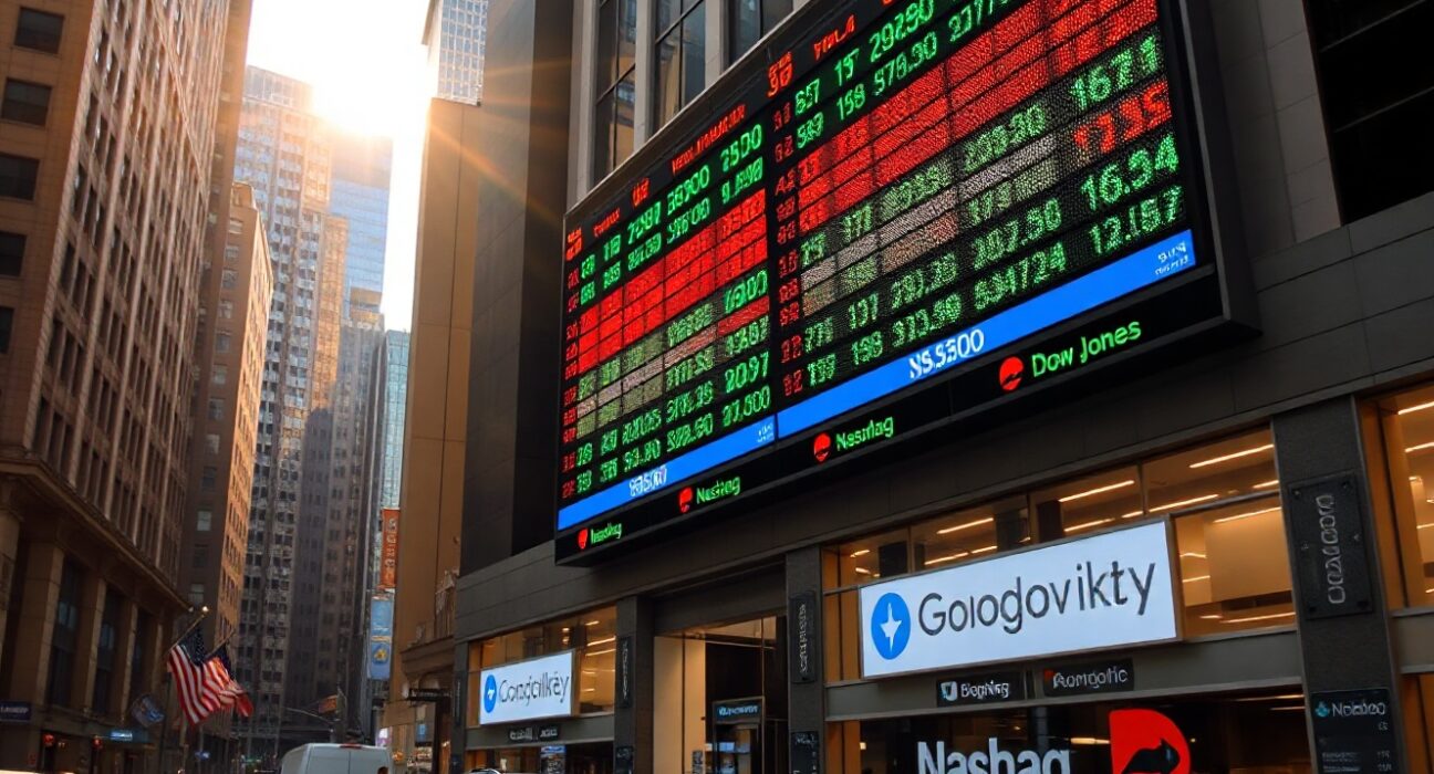 Digital stock market board showing mixed US index performance at market open